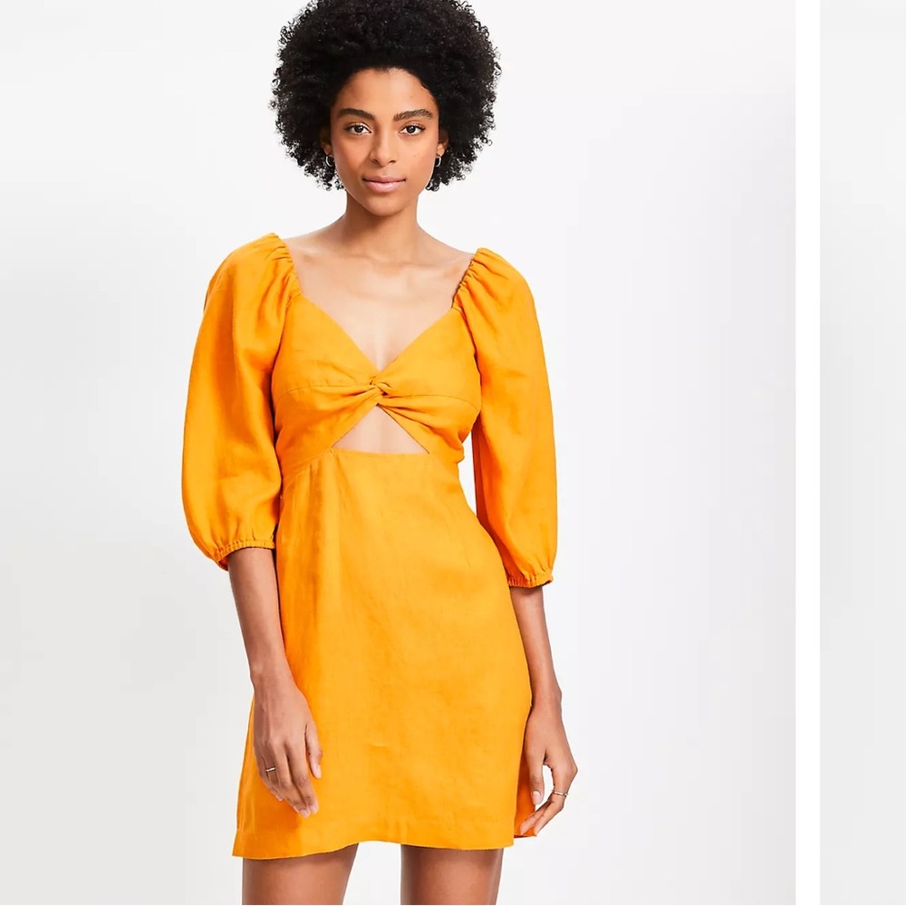 LOFT Beach Linen Cutout Mini Pocket Dress Puff Sleeve Small - Picture 1 of 9
